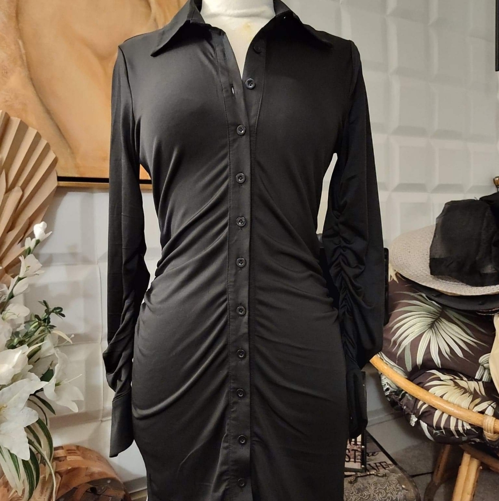 New Topshop Black Long Ruched Sleeve Ruched Dress size Large